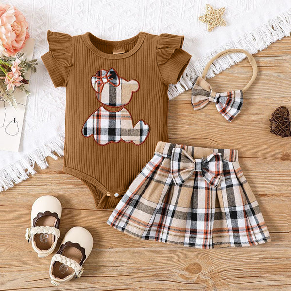 Newborn baby fart triangle Romper girl plaid skirt summer bear two-piece set
