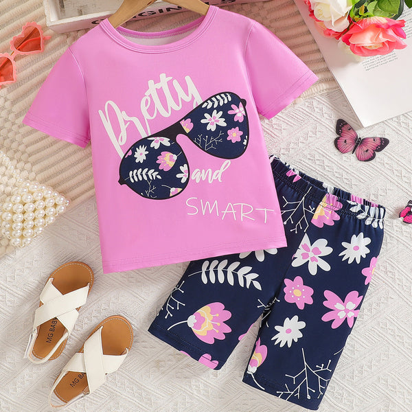 European and American style girls' summer suit pink short-sleeved T-shirt + floral shorts two-piece set baby casual summer wear
