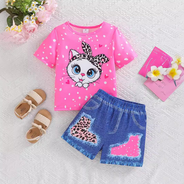 Children's clothing spot big-eyed cat cartoon European and American girls' suits, summer clothing