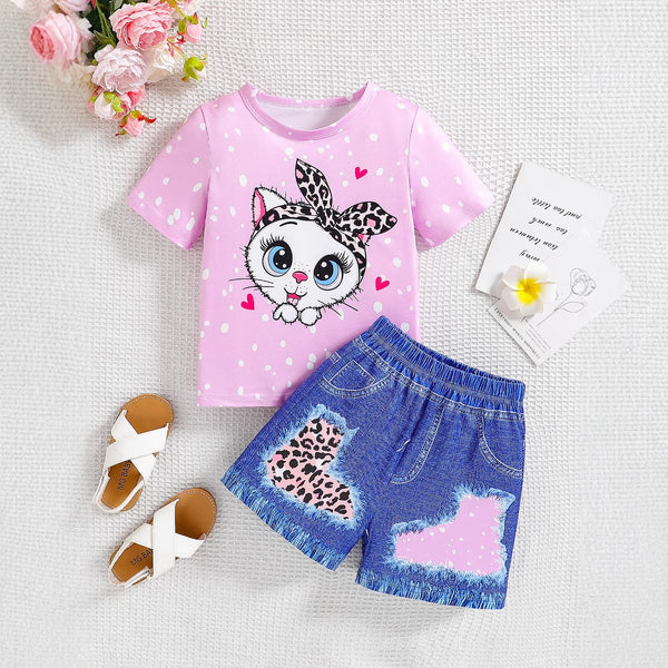 Young Girls Summer Cartoon Avatar Leopard Print Short Sleeve Top Two-piece Set Tide