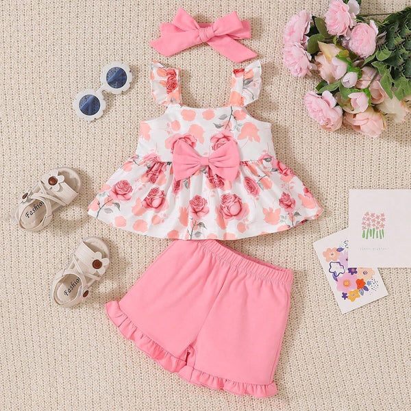 Summer 25 new baby set flower print sleeveless suspender top solid color shorts two-piece set