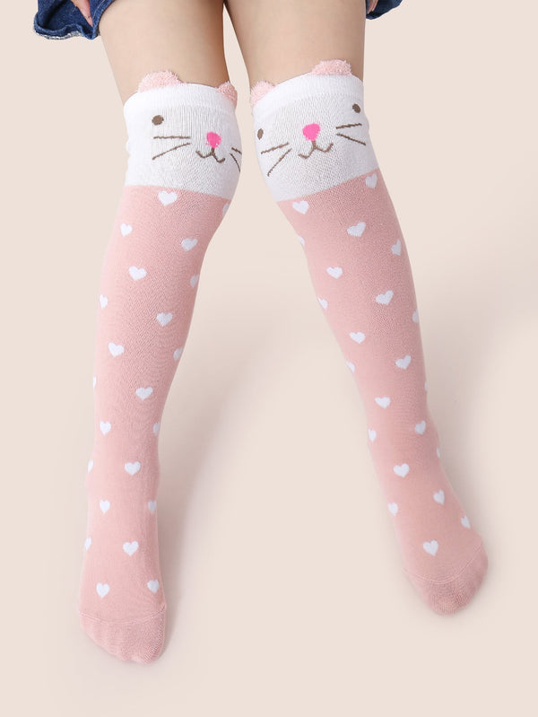 Toddler Girls Heart & Cat Pattern Knee Socks